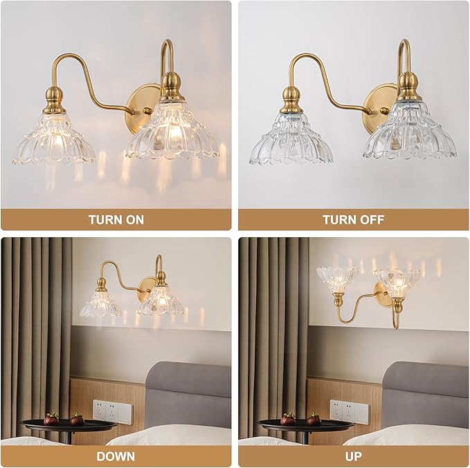 Vintage Bathroom Light Fixtures Over Mirror, 2-Light Brass Wall Sconce Lighting with Flower Glass Shade, Farmhouse Vanity Lights for Bedroom Kitchen Living Room Hallway Light