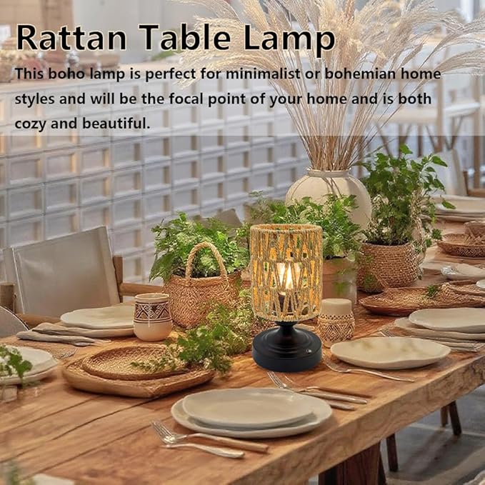 Cordless Rechargeable Table Lamps Night Light Desk Lamp, Battery Operated Farmhouse Table Lamp Boho Rattan Shade Stepless Dimmable for Outdoor Patio, Living Room, Bedroom (Bulb Included)