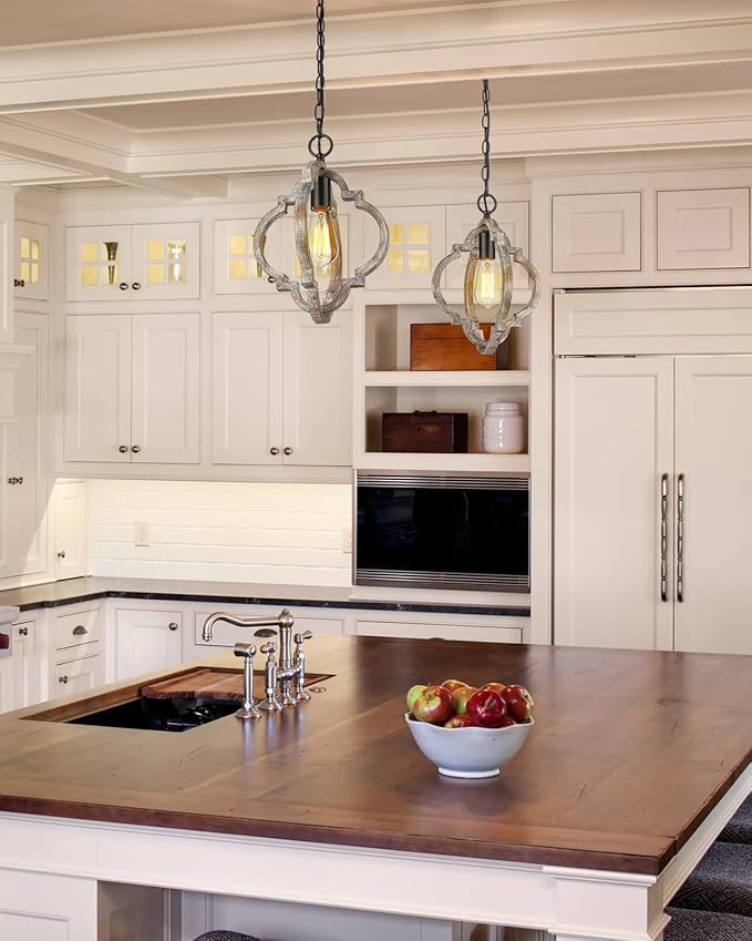 CALDION Farmhouse Pendant Lights, Wood Dining Room Light Fixtures, Adjustable Height Hanging Pendant Lights for Kitchen Island, Foyer, Entryway