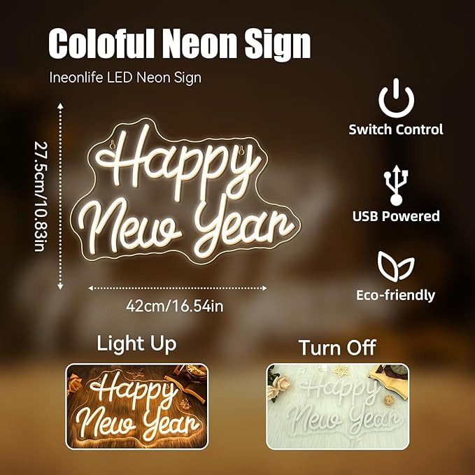 Ineonlife Happy New Year Neon Sign Dimmable Neon Signs For Wall Decor Led Lights For Bar Man Cave Club New Year Party Bedroom Hoom Showcase Shop Decor Gifts USB Powered 16.54x10.83in