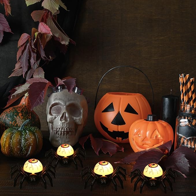 DRomance Halloween Flameless Flickering Candle Lights Battery Operated with 6H Timer, Spooky Spider Red Eyeballs Shaped LED Candles Cute Halloween Decoration Indoor(6 Pack, 2.8" x 3.5" x 1.3")