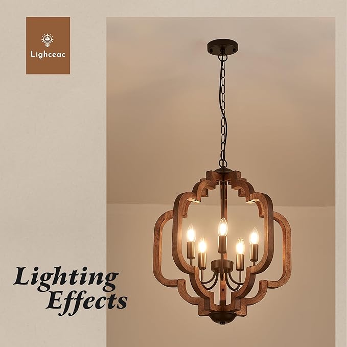 20.5" Farmhouse Vintage Chandelier 5-Light for Dining Room Rustic Handmade Wood Hanging Ceiling Pendant Light Fixture for Entryway Brown Retro Chandeliers for Kitchen Bedroom Foyer Hallway