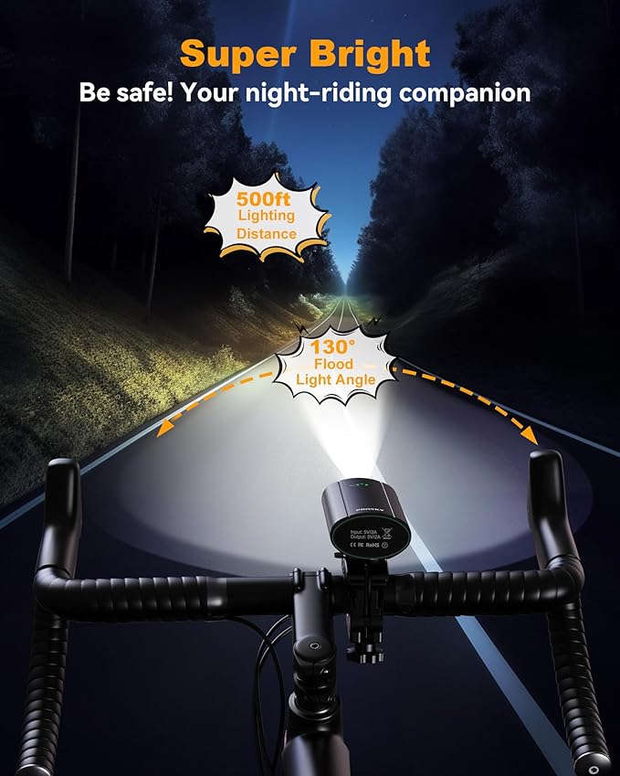 Bike Lights for Night Riding, USB Rechargeable Mountain Bicycle Headlight, Super Bright, Waterproof, 6+4 Light Modes Bike Light Set for Cyclists and Commuters