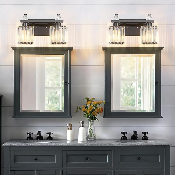 Vanity Lights 2-Light Modern Crystal Vanity Light Plating Black Bathroom Light Fixtures Over Mirror Crystal Bathroom Vanity Lighting Fixtures