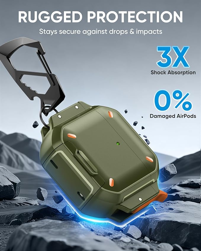 MoKo for AirPods 4th Case with Lock - IP68 Waterproof & Military-Grade Protection, Drop-Proof Hard Shell Protective Earpods 4 Cover with Keychain, Cleaner Kit & Phone Stand, Army Green