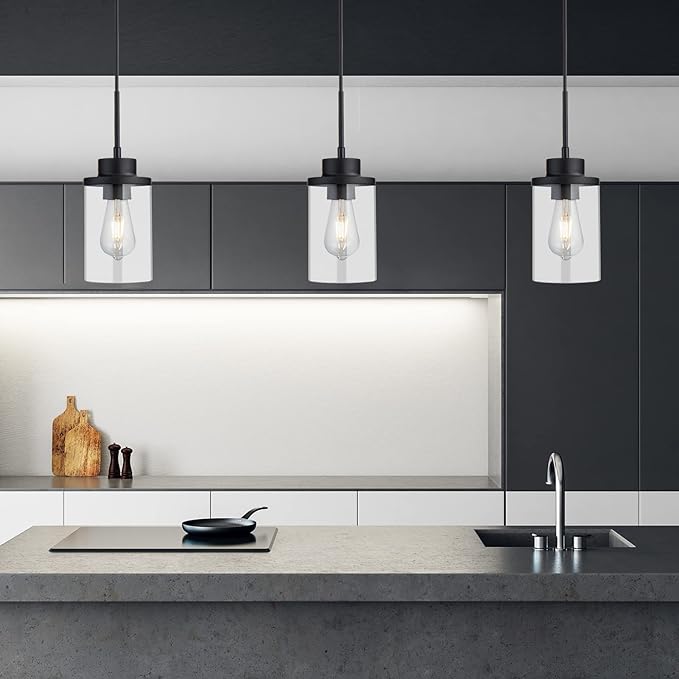 Modern Black Farmhouse Clear Glass Cylinder Pendant Light Fixture, Single Hanging Pendant Lighting for Kitchen Island, Dining Room, Bedroom & Hallway(3 Packs)