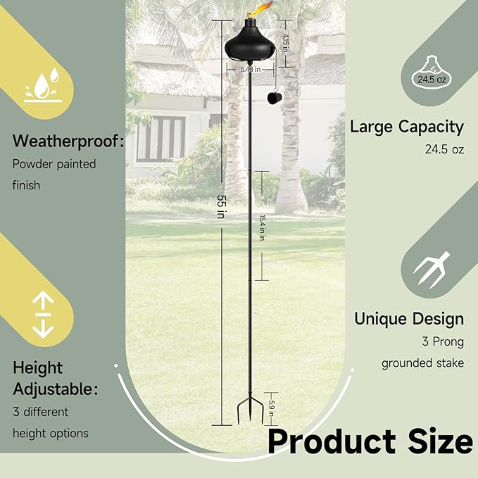 24.5 Oz Home Garden Torch Set of 6, Outdoor Metal Torch Garden Décor,55-Inch Upgraded Citronella Torches with 3-Prong Grounded Stake, Metal Light Torches for Party Patio Pathway