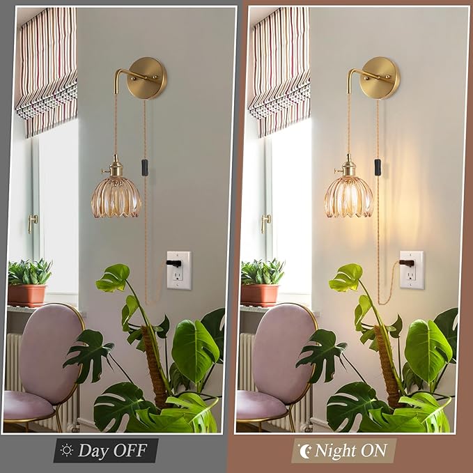 Plug-in Wall Sconce (Set of 2), Vintage Wall Decorative Lamp with Amber Glass Shade, Indoor Plug-in Wall Sconce for Bedroom, Living Room, Hallway