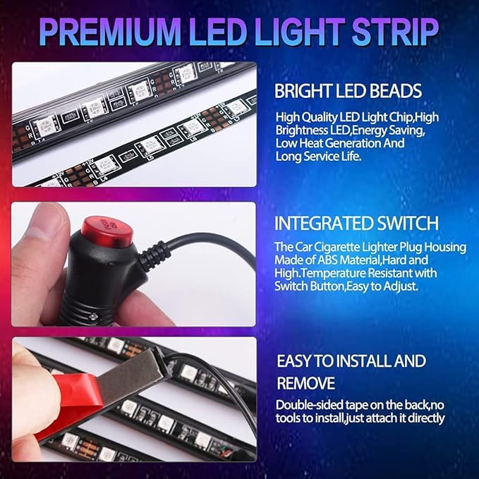 Car LED Strip Light, EJ's SUPER CAR 4pcs 36 LED Multi-Color Car Interior Lights Under Dash Lighting Waterproof Kit with Multi-Mode Change and Wireless Remote Control, Car Charger Included,DC 12V