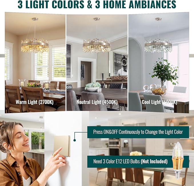 Siljoy Modern Crystal Chandelier for Dining Room, 12 Lights Luxury 2-Tiers K9 Crystal Chandelier Raindrop Pendant Ceiling Light for Living Room Kitchen Island Entry Foyer D23.6'', Brushed Nickel