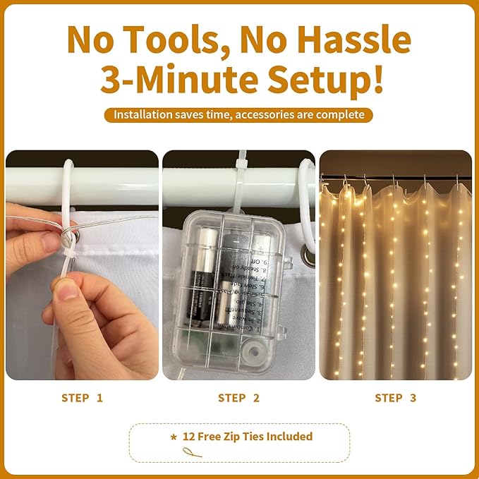 Waterproof LED Shower Curtain Lights - 72 Inch Fairy Lights for Bathroom, 8 Modes Warm White Spa Mood Lighting for Dark Bathrooms and Outdoor Décor (No Curtain)