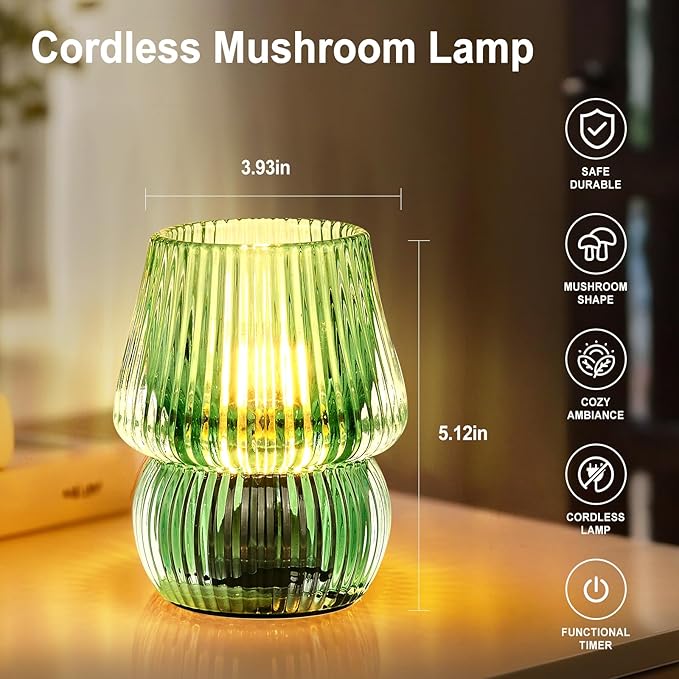 Small Battery Operated Lamp with Timer, Tiny Cordless Glass Table Lamp for Home Decor, Kitchen, Bathroom, Birthday Gift for Women, Mushroom, Green