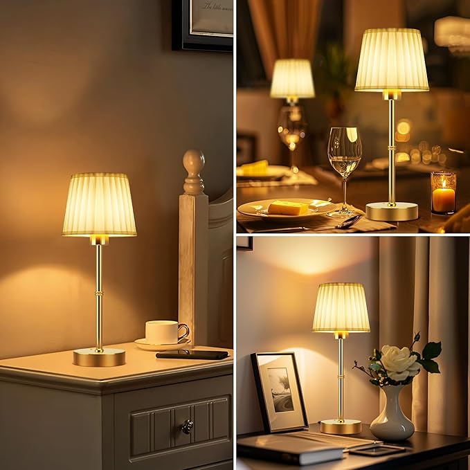 FRIDEKO HOME Rechargeable Table Lamp Gold - Cordless Battery Operated Lamp, Fabric Shade Desk Lamp, Wireless Lamp for Decor Bedroom Dining Table Counter (2pcs-Soft Fabric-Bulb Included-15.7in)