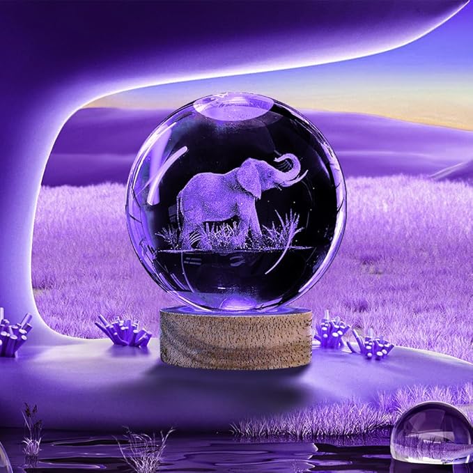 3D Elephant Crystal Ball Night Light 3.15 inch Glass Ball Lamp with 16 Color Changing Wooden Base and Remote Control Elephant Gifts for Kids Friends Birthday Christmas Room Decor