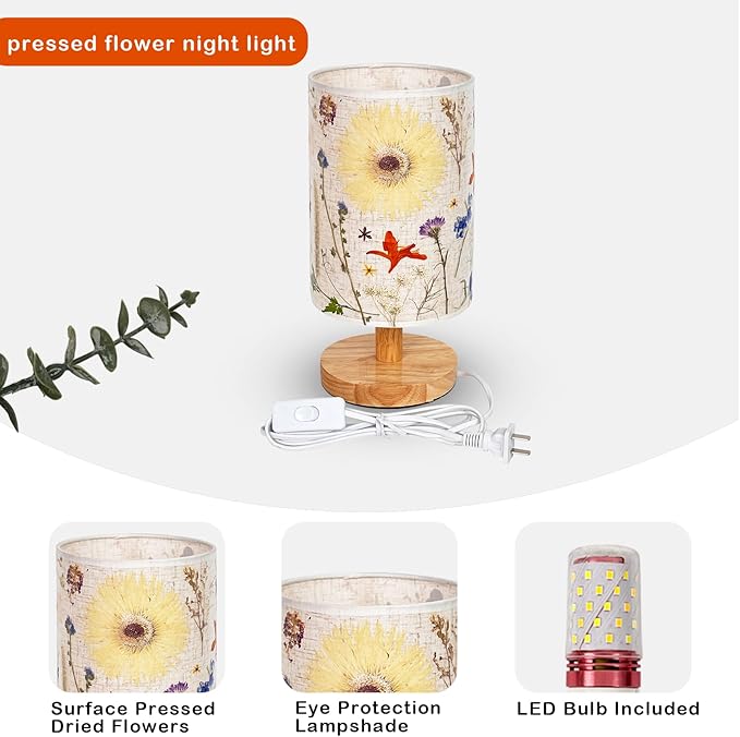 Dried Flowers Table Lamp,5w Led 3-Color Pressed Floral Beside Lamp,Cute Vintage Linen Shade Desk Lamp for Bedroom Office with Wood Base