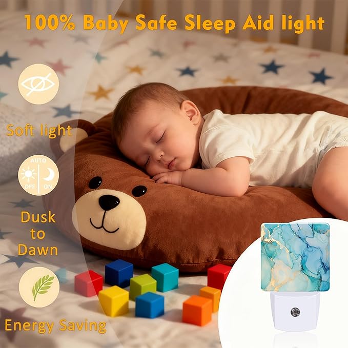 Teal Blue Gold Marble Night Light for Kids, Dusk-to-Dawn Auto Sensor Plug in Night Light, 0.5W Energy Saving Non-Toxic Design for Bedroom/Bathroom, Ideal Gifts for Women, Men & Kids