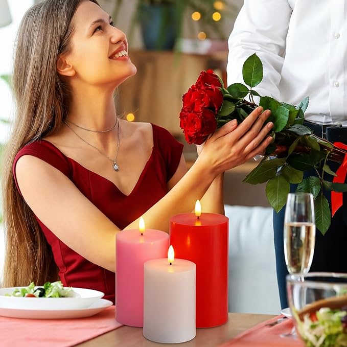 3 Pcs Mother's Day Flameless Candles Battery Operated Wax LED Flickering Flameless Pillar Candles with Remote for Home Table Dating Wedding Party Decor