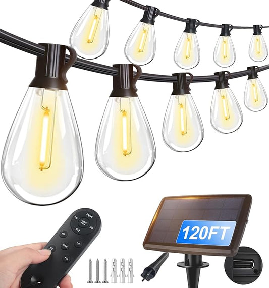 Tenmiro 120FT Solar Outdoor String Lights with Remote and 32+2 LED Shatterproof Bulbs Dimmable & Timing 3 Light Modes Solar Patio String Lights for Cafe, Garden, Deck, Outside Wedding Last for 10+Hrs
