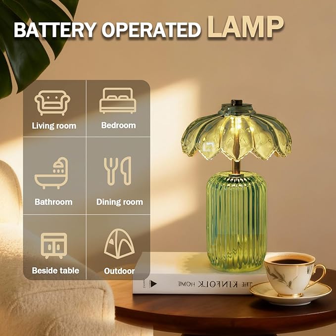 MJ PREMIER Cordless Lamp, Battery Operated Lamp with Timer, Crystal Glass Flower Lampshade, Small Table Lamps, Decorative Led Light for Bedroom Living Room Shelf (S-Green)