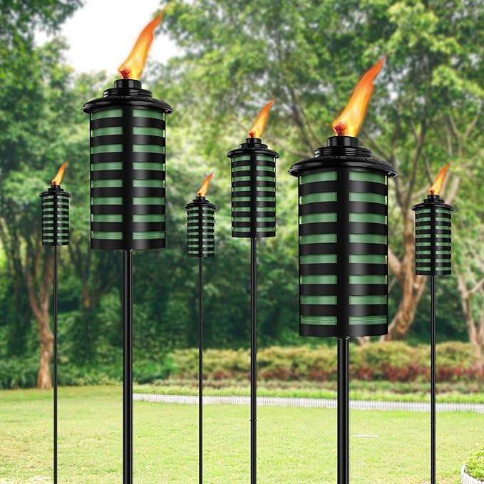 6 Pack Home Garden Torch, 16 Oz Outdoor Green Metal Torch Garden Décor,59-Inch Upgraded Citronella Torches with 3-Prong Grounded Stake, Metal Light Torches for Party Patio Pathway