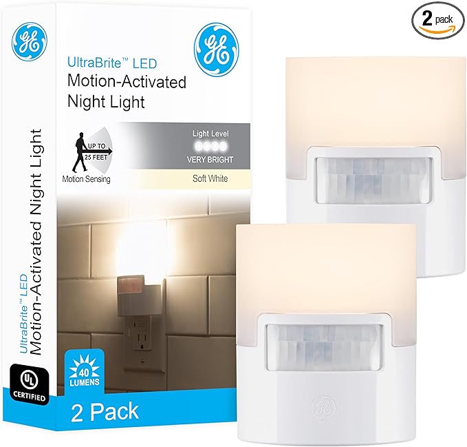 GE LED Motion Sensor Night Light, Plug into wall, 40 Lumens, Soft White, UL-Certified, Energy Efficient, Ideal Nightlight for Bedroom, Bathroom, Kitchen, Hallway, 46632, White, 2 Pack