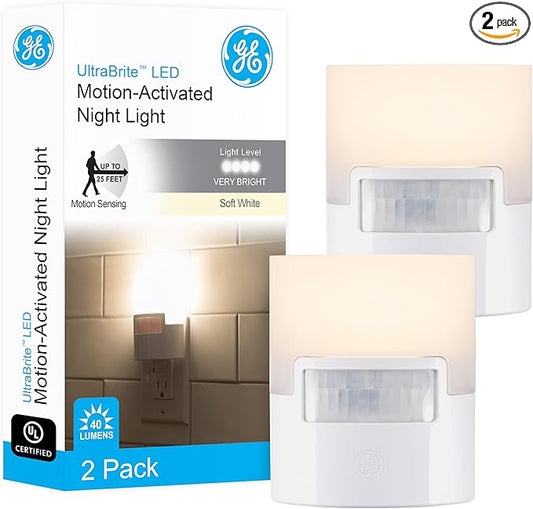 GE LED Motion Sensor Night Light, Plug into wall, 40 Lumens, Soft White, UL-Certified, Energy Efficient, Ideal Nightlight for Bedroom, Bathroom, Kitchen, Hallway, 46632, White, 2 Pack