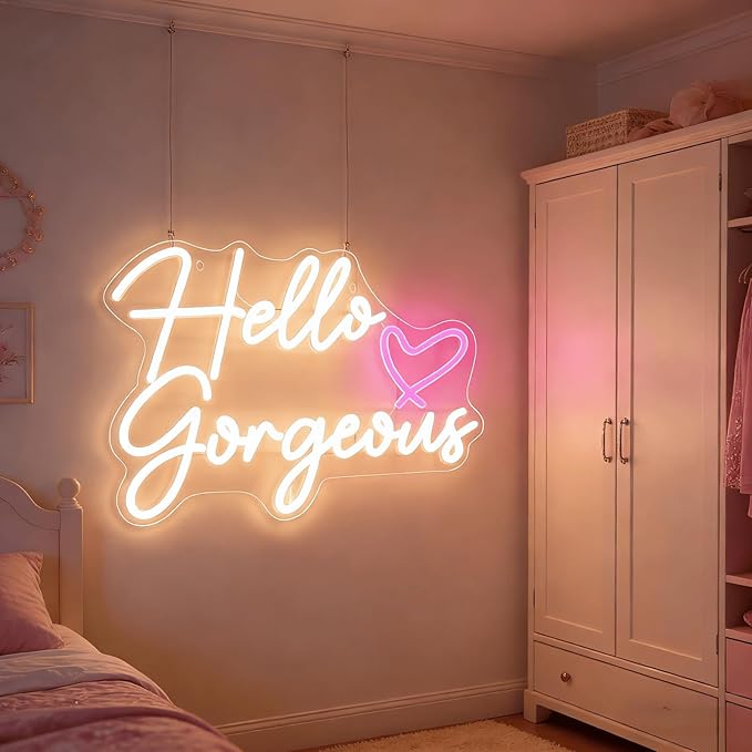 Hello Gorgeous Neon Light for Wall Decor, Pink USB Powered LED Sign with Dimmable Switch, Neon Sign for Home, Wedding, Birthday Backdrop, Party (Warm White02)