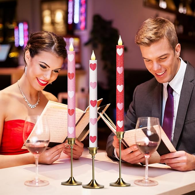 Honoson 6 Pcs Heart Glitter Flameless Taper Candles 10.6 Inch Valentines Day Candles Battery Operated LED Candlesticks for Valenties Wedding Bridal Birthday Baby Shower Party Dinner Table Home Decor
