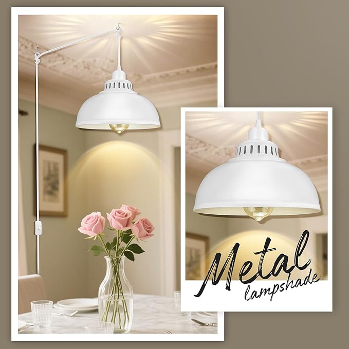 Plug in Pendant Light, 15FT Hanging Lights with Plug in Cord, On/Off Switch, Industrial Pendant Light with Plug in Cord, Metal Hanging Lamps for Living Room, Kitchen Big White