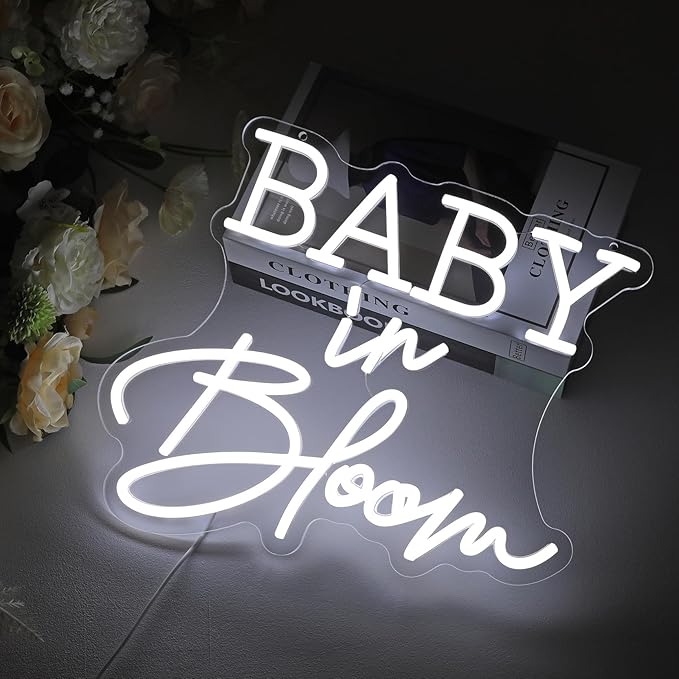 Baby in Bloom Neon Sign for Baby Shower Decorations,14.4''X12.5'' White Dimmable LED Neon Lights Sign,USB Powered Light Sign for Girl Boy Babys Room Wall Decor Birthday Party Backdrop