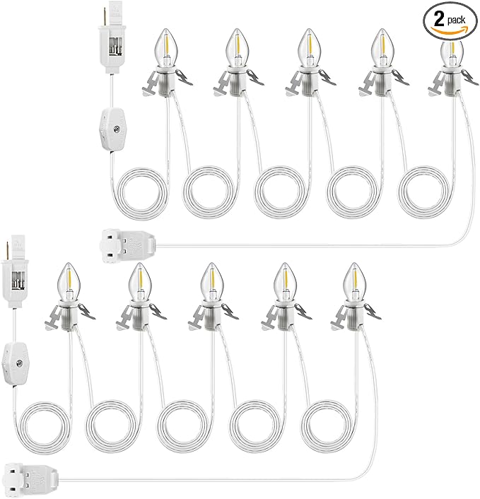 Leelosp 2 Pack Christmas Accessory Cord with 5 LED Light Bulbs, 11.5 Feet White C7 Lamp, On/Off Switch Plug, Spare Fuses, Female/Male Plugs, Blow Mold Light for Village House Craft Decorations