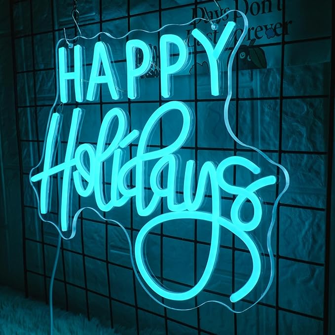 Happy Holidays Neon Sign for Wall Decor Blue Holiday Neon Lights Dimmable LED Christmas Neon Signs for Christmas, Thanksgiving, New Year