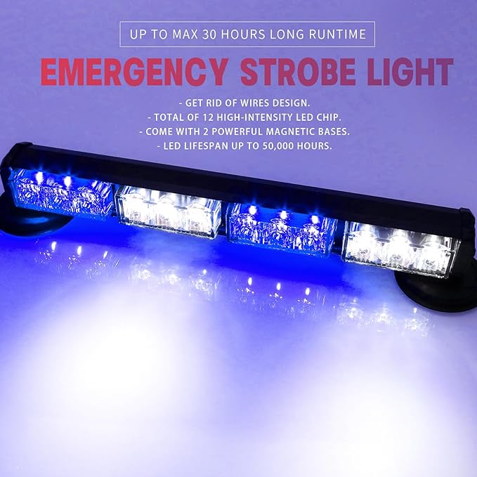 BooYu 14.8" Blue/White Battery Powered Police Firefighter Emergency Strobe Lights Bar for Trucks/Vehicles Rechargeable Wireless Rooftop Mini Hazard Flashing LED Beacon Warning Light w/Magnetic Base