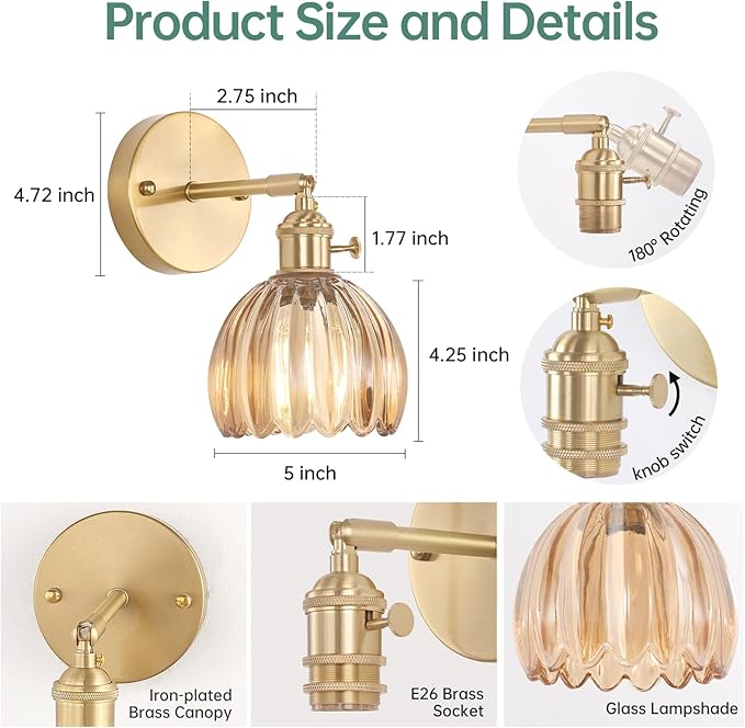 Vintage Wall Sconces Set of 2 with Cute Amber Tulip Glass Lampshade 180 Degree Adjustable Brass Sconces Hradwired Modern Wall Lighting Fixture with Switch for Bedside Bedroom Doorway