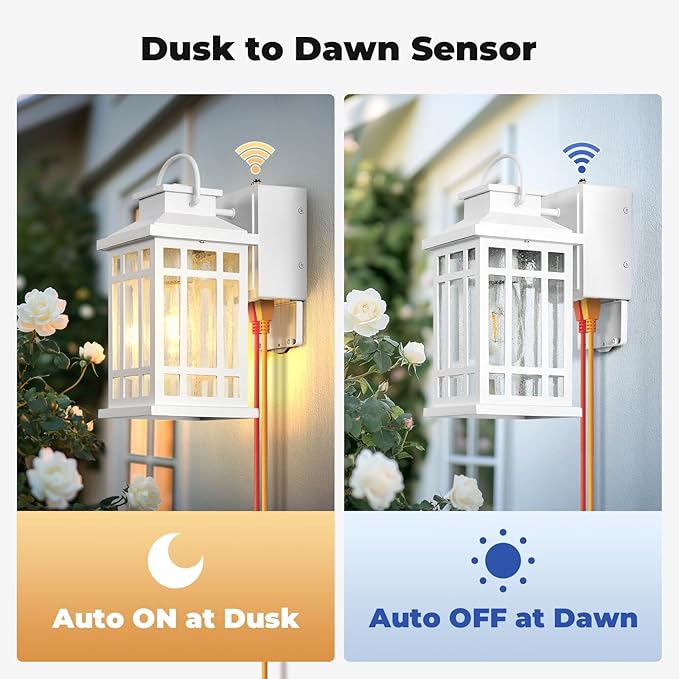 White Dusk to Dawn Outdoor Lighting with GFCI Outlet, Exterior Light Fixtures with Bubble Glass, Modern Outside Lights Wall Mount for House Patio Garage, Aluminum Waterproof Anti-Rust