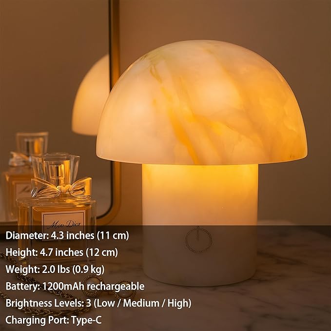 Arctic Green Gemstone Mushroom Lamp - Natural Luxury Stone Night Light with LED, Touch Control 3 Brightness, USB Rechargeable Bedside Decor Gift