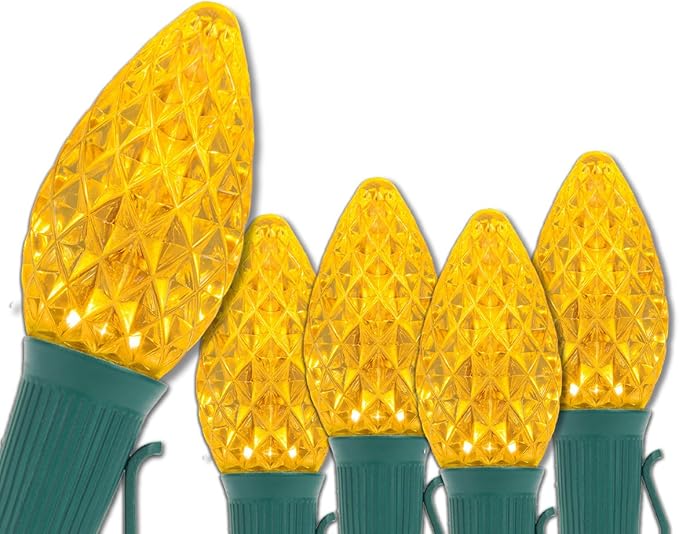 25 C7 OptiCore Commercial Gold Christmas Lights – LED Outdoor Heavy Duty Bulbs and 18 Gauge Green Wire (25 ft)