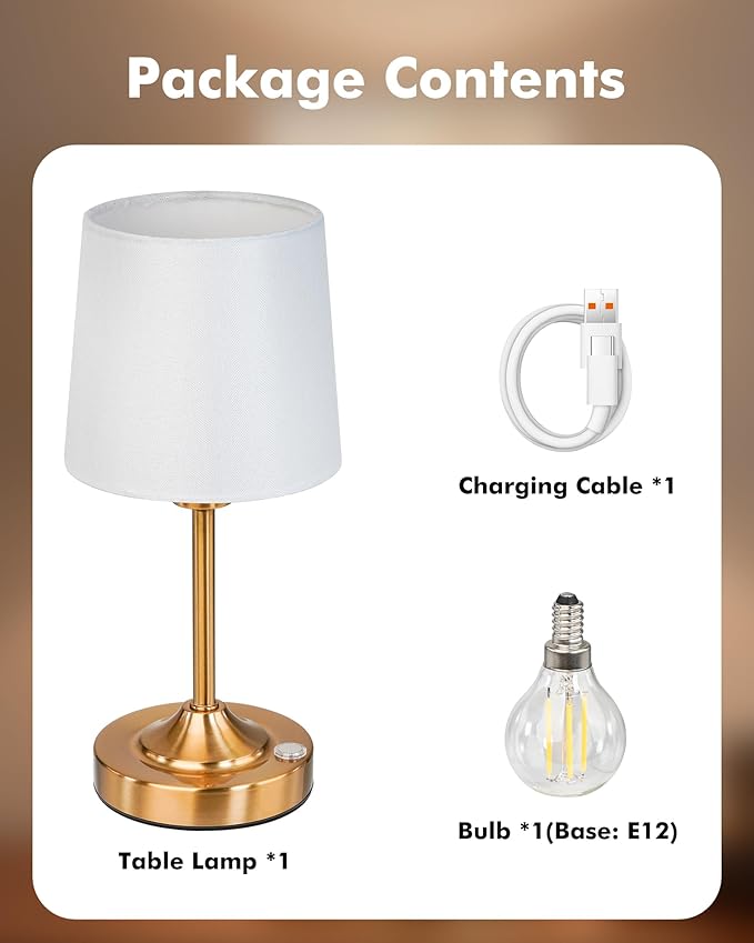 Cordless Table Lamp, 5000mAh Rechargeable Table Lamp with 3-Level Dimmable Brightness, Portable Nightstand LED Lamp for Bedroom, Living Room, Bedside, Dining Room (Gold)