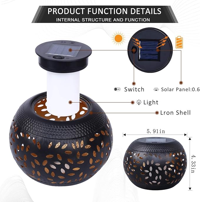 Solar Table Lantern Outdoor Waterproof-Dancing Flickering Flame Solar Powered LED Light,Black Metal Desktop Decorative Lamp for Gifts for Women Mom Desk Patio Garden Yard Decor