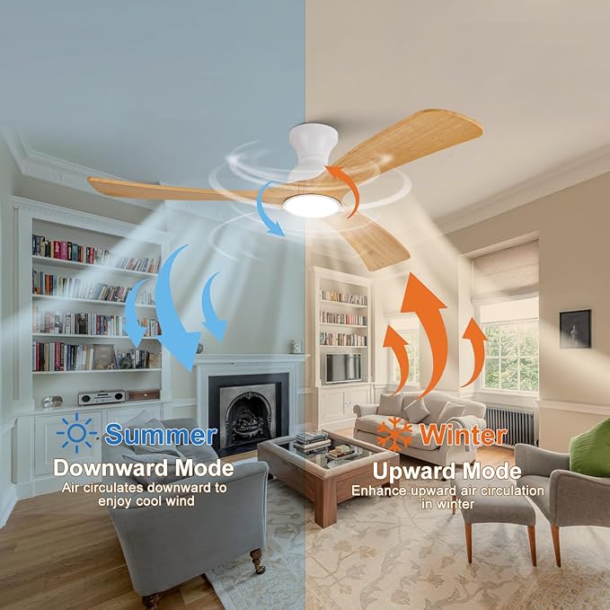 Flush Mount Ceiling Fans with Lights,52 inch,Remote Control,Wall Switch,Solid Wood Blades,Dimmable,Reversible Noiseless,Power Off Memory Modern Ceiling Fan for Bedroom Patio Indoor/Outdoor Use