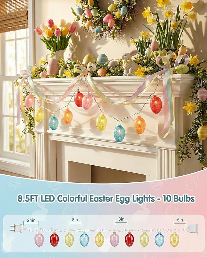 SUNSGNE Easter Egg String Lights, 8.5ft Easter Decorative Lights with 10 Clear Colorful Egg Bulbs for Outdoor Bedroom Party Holiday Home Tree Decoration