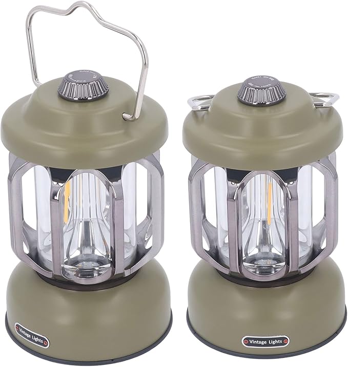 Retro Camping Lantern, Rechargeable LED Tent Lamp with 3 Light Modes, Dimmable Vintage Camping Light with Hook, USB Type C Portable Lantern for Garden Outdoor (Green)