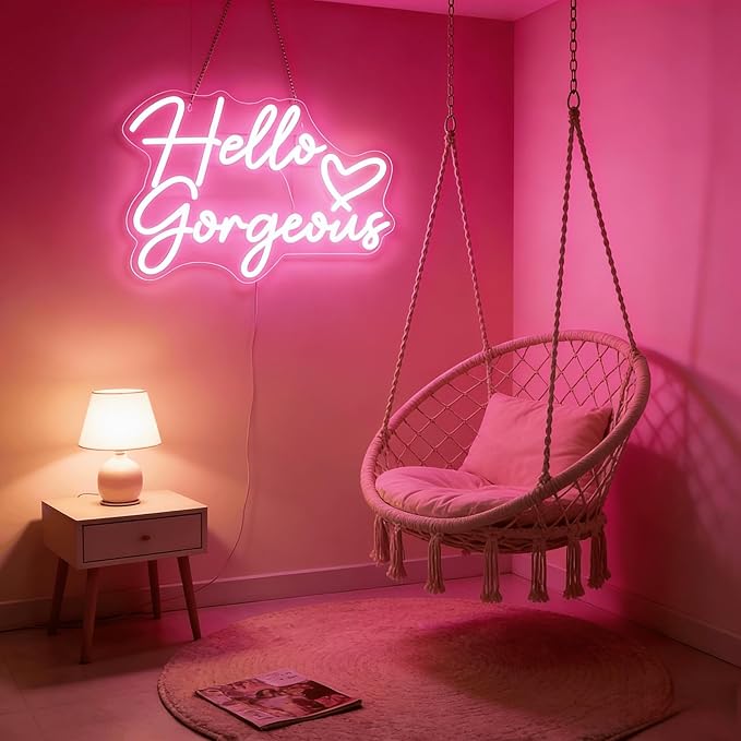 Hello Gorgeous Neon Light for Wall Decor, Pink USB Powered LED Sign with Dimmable Switch, Neon Sign for Home, Wedding, Birthday Backdrop, Party (Pink)