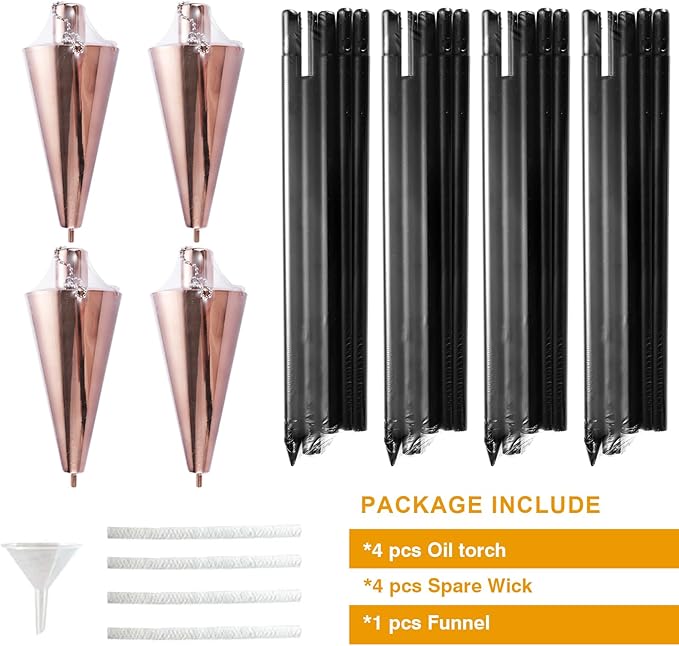 FAB BASED 55 Inch Outdoor Oil Torch Lamp–Set of 4 Pieces Rustproof Stainless Steel Citronella Torches, 12.17 oz, Includes Funnel & Fiberglass Wicks for Patio Garden Backyard (Rose Gold)