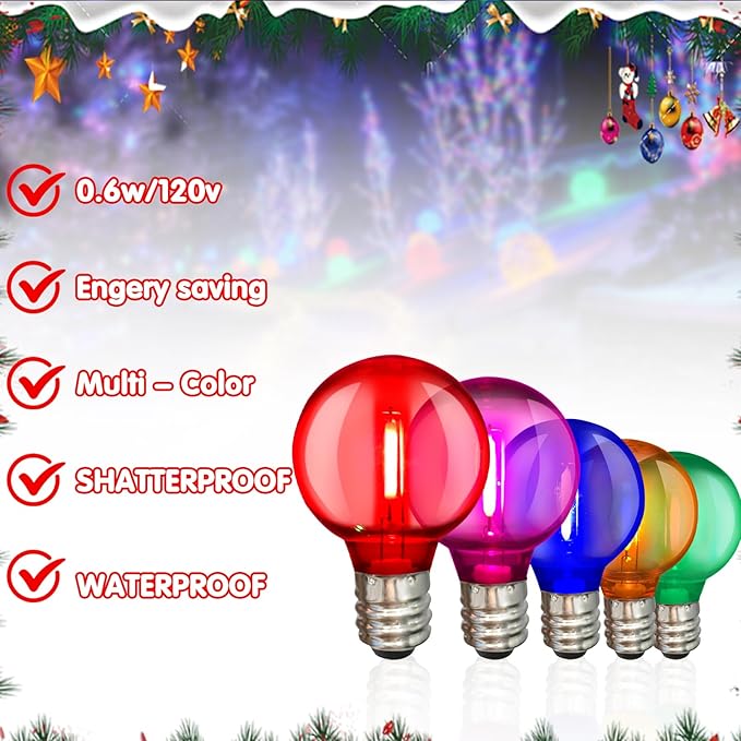 25 Pack Multicolor G40 LED Christmas Replacement Light Bulbs, Replacement Bulbs for Christmas String Lights, G40 Shatterproof Waterproof Dimmable Globe Lights Bulbs E12 Intermediate Base