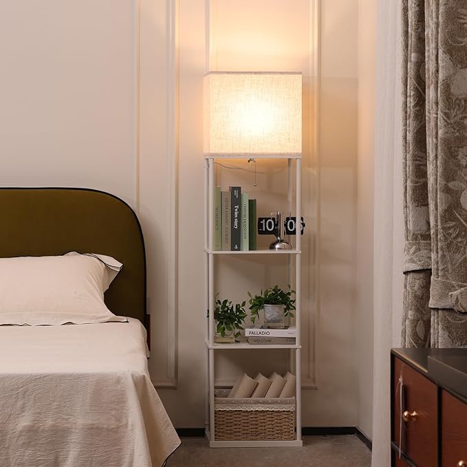 Floor Lamp with Shelves, Large Size Rectangle Standing Lamp with 3 Color Temperature Bulb, Corner Display Bookshelf Lamp for Living Room, Bedroom and Office（White-9W）