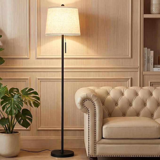 【Upgraded】 Modern Black Floor Lamp 63in Standing Lamp for Living Room Bedroom Office 3 Way Brightness Dimmable Tall Pole Light with Beige Linen Shade Metal Shade 8W 3000K LED Bulb Included