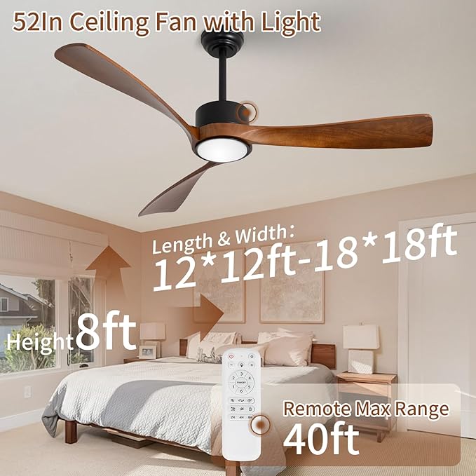 52inch Ceiling Fan with Lights,Wood Ceiling Fans with Remote Control,Dimmable Light,3 CCT,6 Speeds,Noiseless DC Motor,2 downrod,Ceiling Fan for Bedroom,Living Room,Office,Indoor,Dark Brown