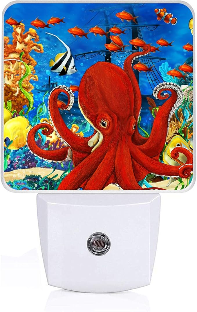 Red Octopus Night Light, Fish Sea Plug-into Nightlight White LED Lamp, Energy Efficient Decor Desk Lamp for Bedroom Hallway Stairs Bathroom