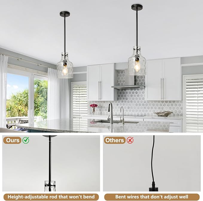 WILON Industrial Glass Pendant Lights for Kitchen Island, Modern Black Pandent Light Fixture 7" Hammered Glass Shade Farmhouse Pendant Lights Adjustable Rod Hanging Light for Kitchen Sink Dining Room